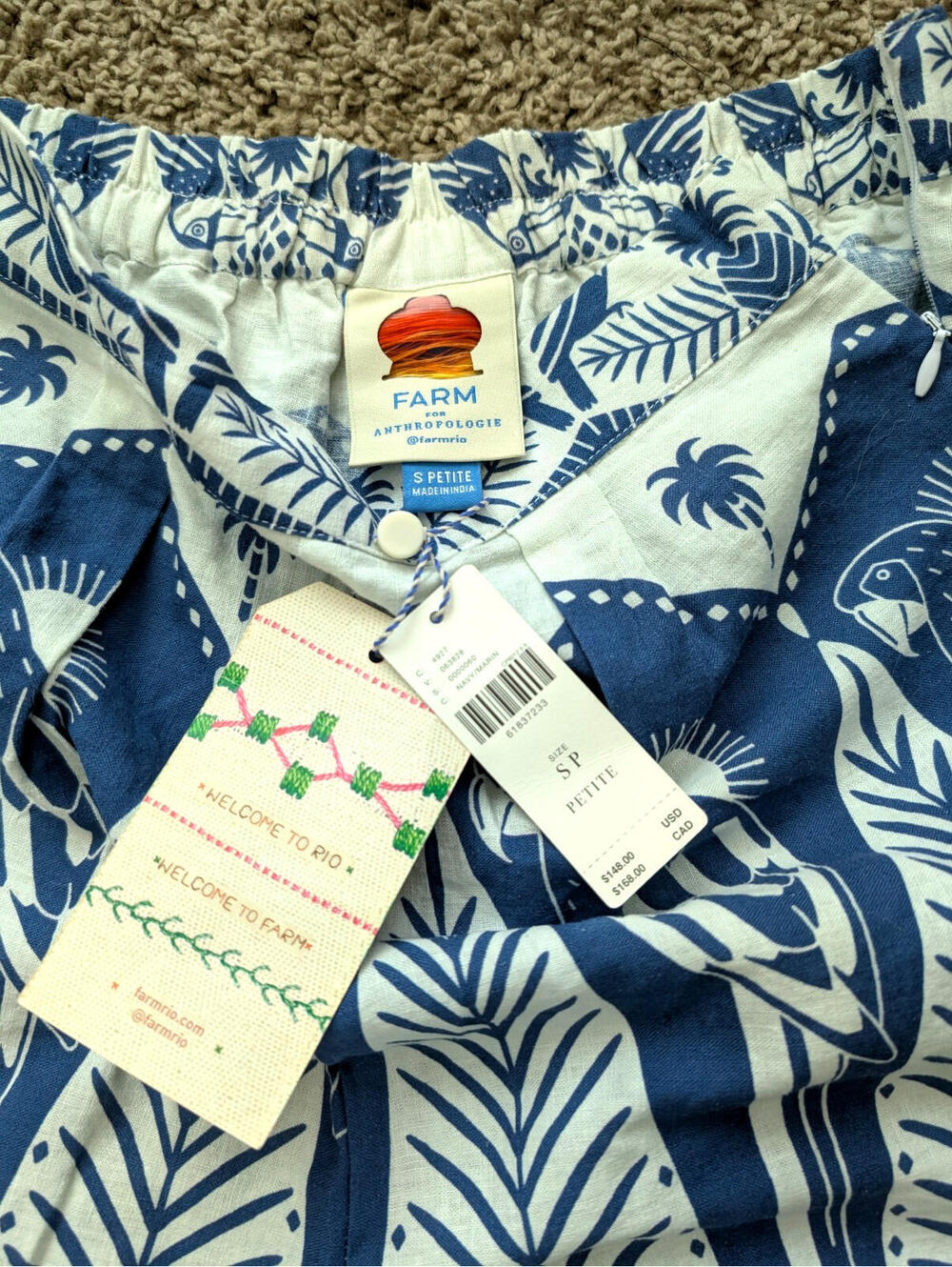 Farm Rio x Anthropologie Tropez Jogger Pants SP Blue Tropical NWT Linen - Picture 5 of 7